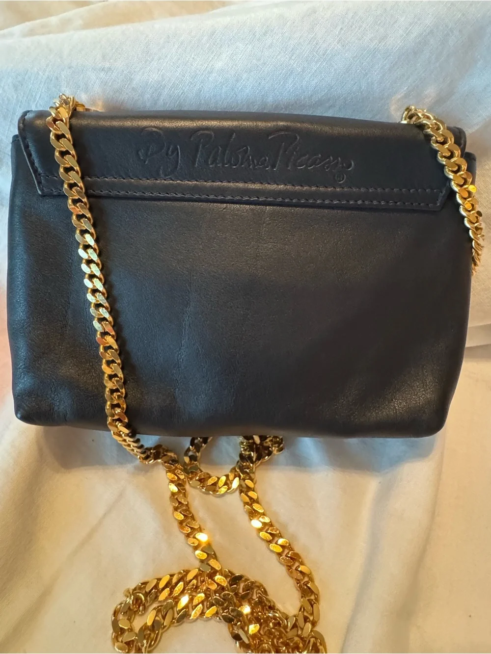 Paloma Picasso Black Leather Crossbody with Gold Chain